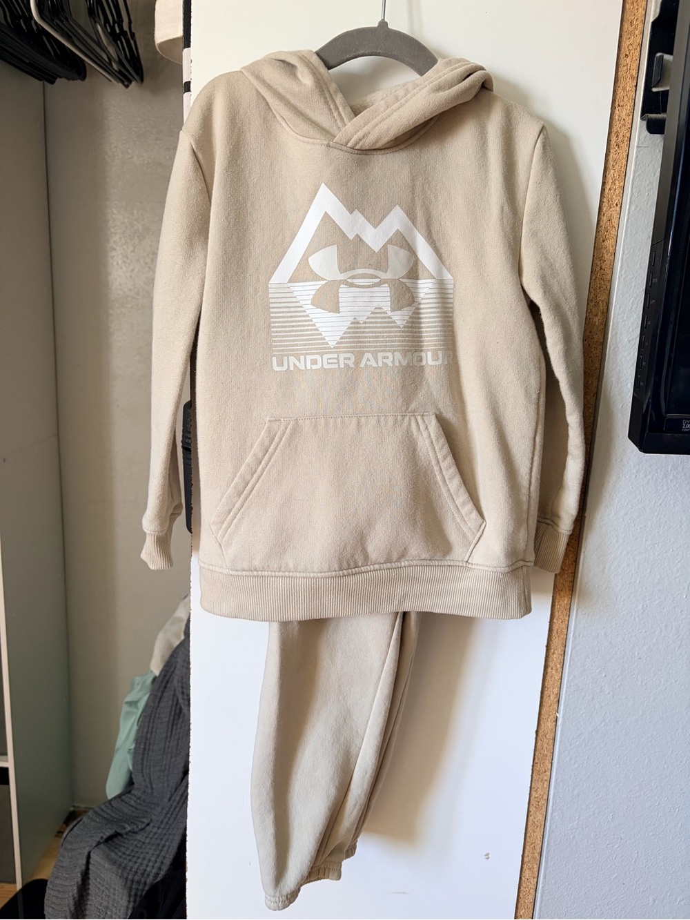 Under Armour Kids Beige Pullover Hoodie with White Logo
